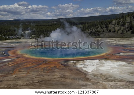 Grand Prismatic Spring in Yellowstone National Park on a late spring day.