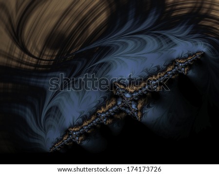 A fractal crash. A computer software generated digital image in blue and tan on a black background.