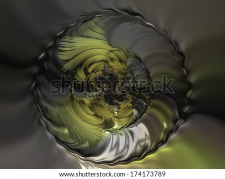 Fractal art in silver and yellow. A computer software generated digital image of a shiny ring shape with high reflective surface.