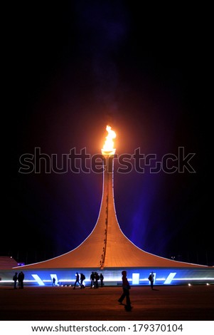 SOCHI, RUSSIA - FEBRUARY 9, 2014: Olympic flame is in Olympic Park at night of XXII Olympic Winter Games on February 9, 2014 in Sochi.