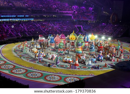 SOCHI, RUSSIA - FEBRUARY 7, 2014: festivities of Maslenitsa or Pancake Week begin at the opening ceremony of the XXII Olympic Winter Games in the stadium Fisht on February 7, 2014 in Sochi.