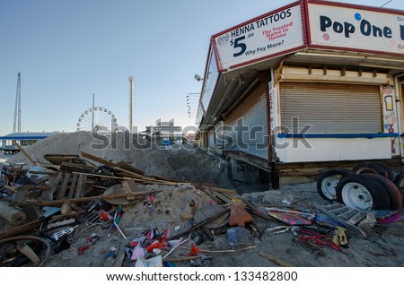 SEASIDE HEIGHTS, NJ/USA - JANUARY 18: The basement of a boardwalk business devastated by hurricane Sandy is cleaned out on January 18, 2013 in Seaside Heights, New Jersey .