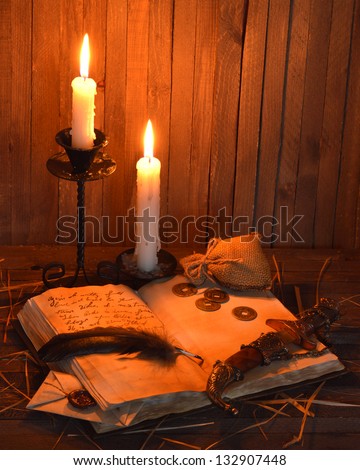 Pirate night (candles with opened book and knife)