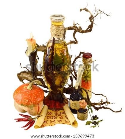 Witch potion in glass bottles with magic symbols on grunge paper isolated