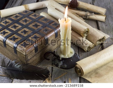 Still life with box, candle and scrolls