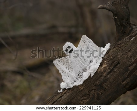 Funny ghost on the tree log in the forest, Halloween still life 2