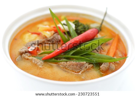 Hot Asian spicy soup with beef, chili and vegetables, isolated on white, decorated with onion and chili pepper, restaurant dish, Tom Yum soup
