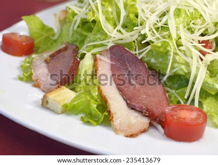 Appetizer salad with poultry meat and vegetables, close up, food still life, restaurant dish