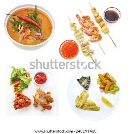 Lunch set with various main fish and meat dishes, cafe and restaurant dishes isolated on white