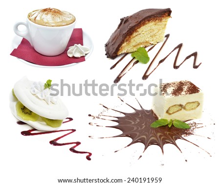 Set with various dessert fancy cakes and cup of cappuccino with foam, isolated on white, close up