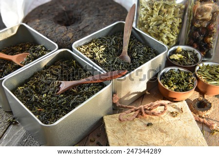 Boxes with various sorts of chinese dried tea, chinese tea shop, concept image