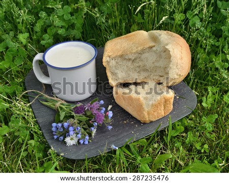 Rural still life with mug of milk, loaf of bread and bunch of wildflowers in grass