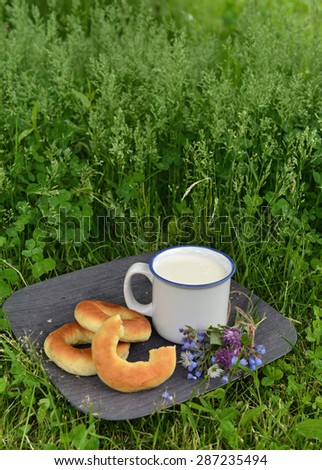 Vertical still life with cup of milk, fresh doughnuts and bunch of wild flowers in grass
