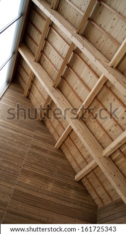 The inside of a wooden roof with wooden beams.