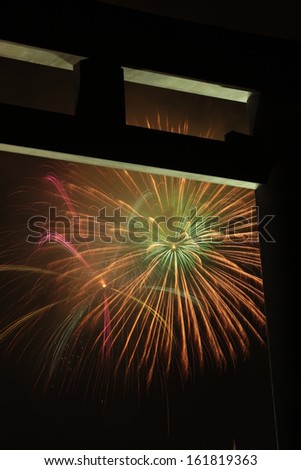 A close view of fireworks seen from inside the house.