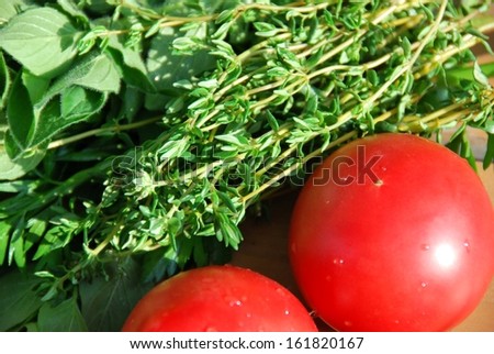 Fresh tomatoes and bunches of herbs.