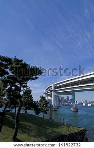 A long curvy bridge sitting high above the water with buildings far in the distance.