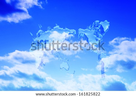World map in cloudy sky