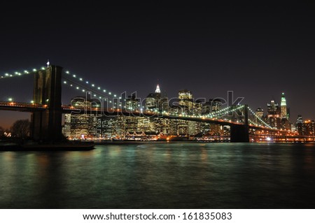Bridge lit up at night, Brooklyn Bridge, Manhattan, New York City, New York State, USA