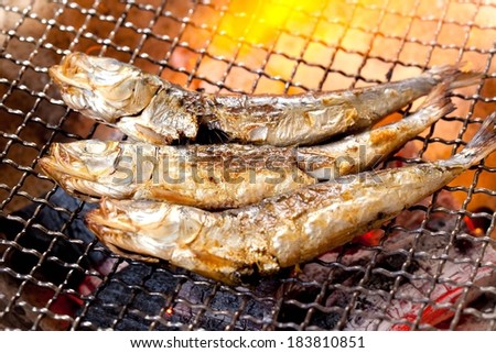 Three fish being fried on a mesh screen above charcoal.