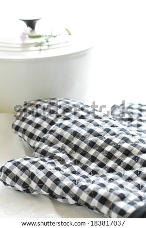 A pair of black and white gingham oven mitts.