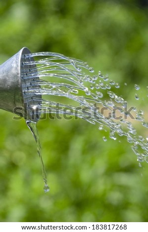 The spout of a watering can pouring water.