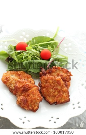 Two pieces of breaded meat and a salad served on a white plate.