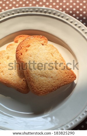 Two pieces of toast sit on a white plate.