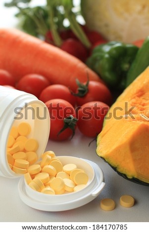 An open bottle of yellow pills, a cut open squash, and red tomatoes.