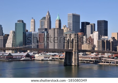View of the Brooklyn Bridge and Lower Manhattan across the East River, New York.