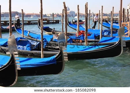 Several gondolas covered in blue cloth lined up next to the shore, Venice.