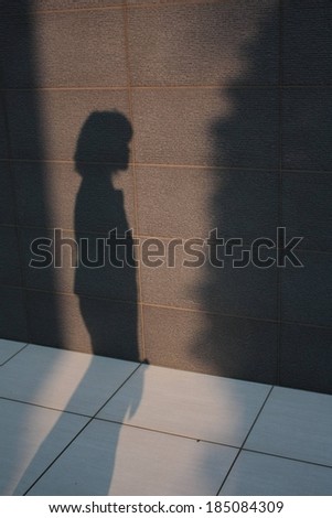 A shadow of a person reflected on the wall and on the floor.