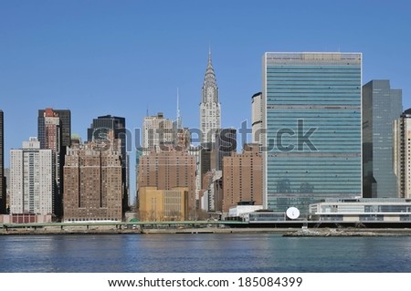 The UN Building and the Chrysler Building seen from across the East River, New York.