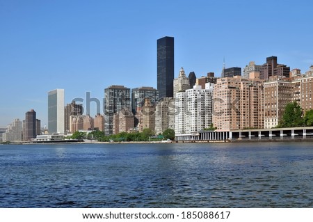 Midtown Manhattan, including the United Nations building, seen from across the East River, New York.