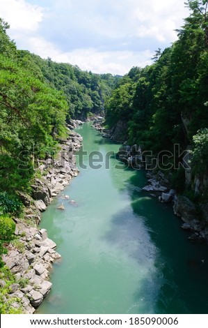A river lined with rocks on both sides. Green trees running along both sides.