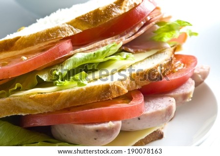 A multi-layered sandwich with different foods on a small plate.