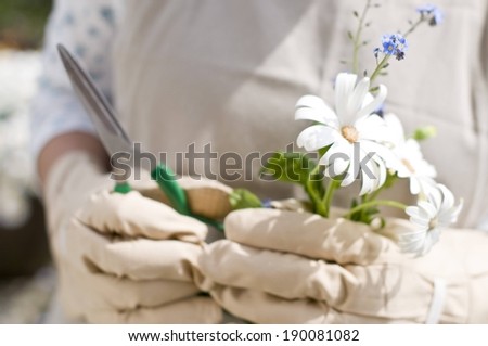 A pair of gloved hands holding flowers and scissors.