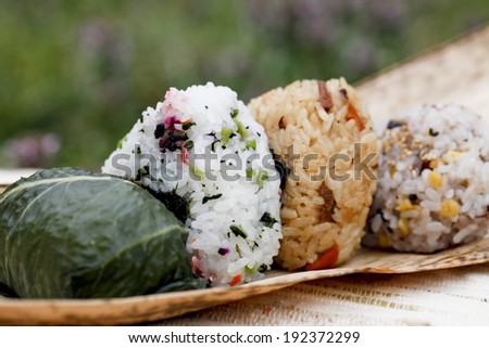 Three various rice ball mixtures and an item wrapped in a green leaf side by side.