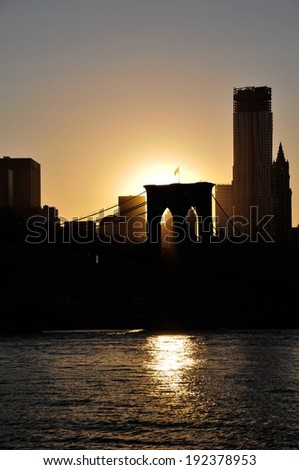 The sun setting behind a body of water and a city.