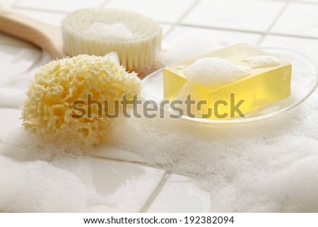 Suds on soap, a sponge, and a body brush.