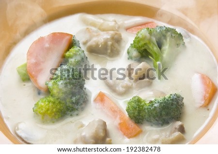 A steaming hot bowl of creamy vegetable soup.