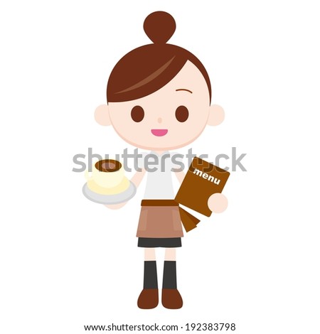 A female cartoon character holding a menu and cup of coffee.