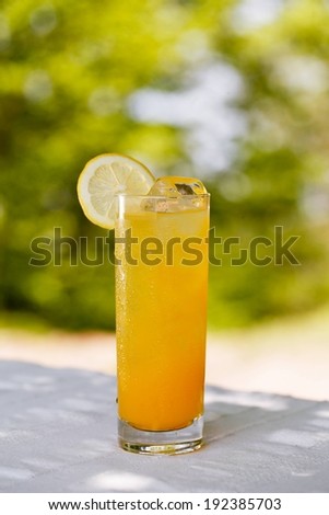 A single tall glass of lemonade with a lemon slice on the edge of it.