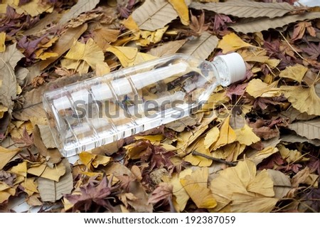 An empty water bottle sitting on a pile of leaves.