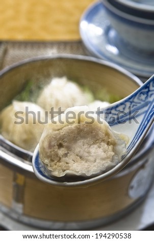 A spoon holding a bite of food beside a pot of more food.