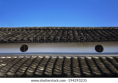 A two layer roof with white and blue wall in between with circled windows.