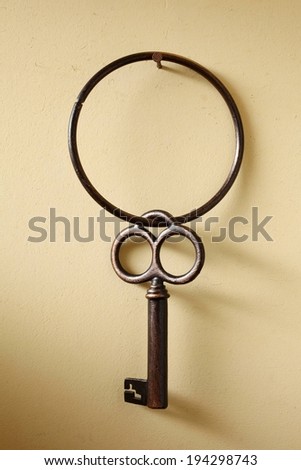 A brass key hanging on a large key ring.