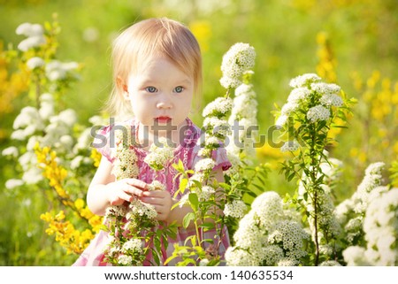 The little girl is studying the flowers in the meadow