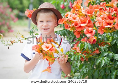 Boy wearing a hat walks through an alley and admiring flowers