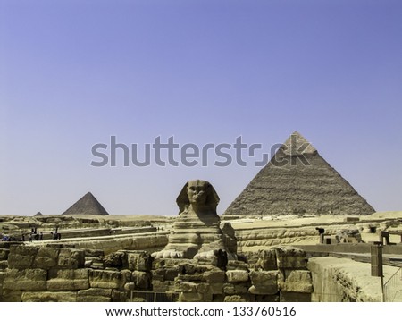 The Sphinx in front of the Great Pyramids in Egypt